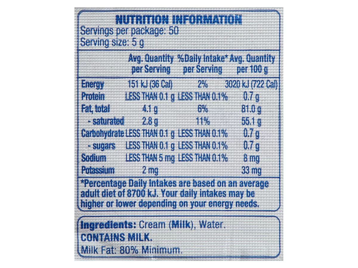 Pack photograph of PURE VALLEY Unsalted Butter 250g showing the printed nutrition panel