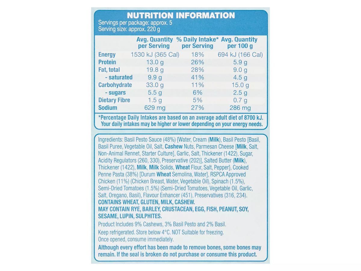 Pack photograph of WORLD KITCHEN Chicken Pesto Penne 1.1kg showing the printed nutrition panel