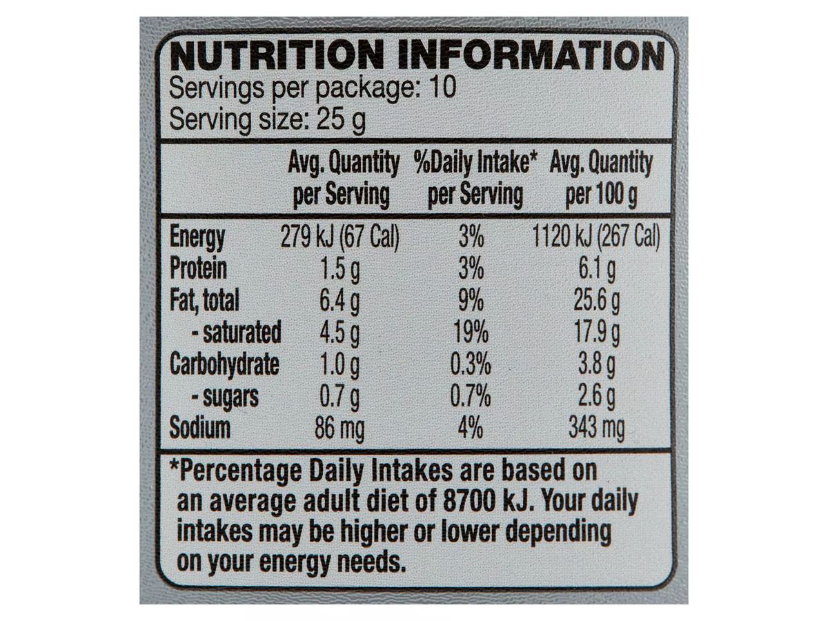 Pack photograph of WESTACRE DAIRY Spreadable Cream Cheese 250g showing the printed nutrition panel