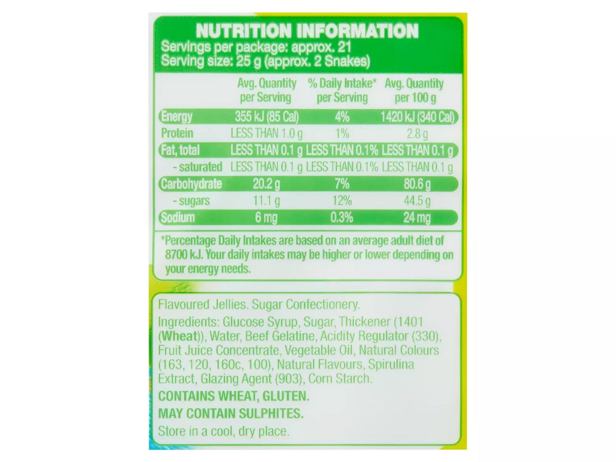 Pack photograph of DOMINION NATURALS Snakes 520g showing the printed nutrition panel