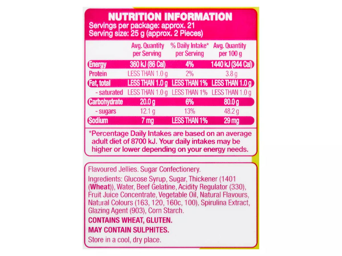 Pack photograph of DOMINION NATURALS Party Mix 520g showing the printed nutrition panel