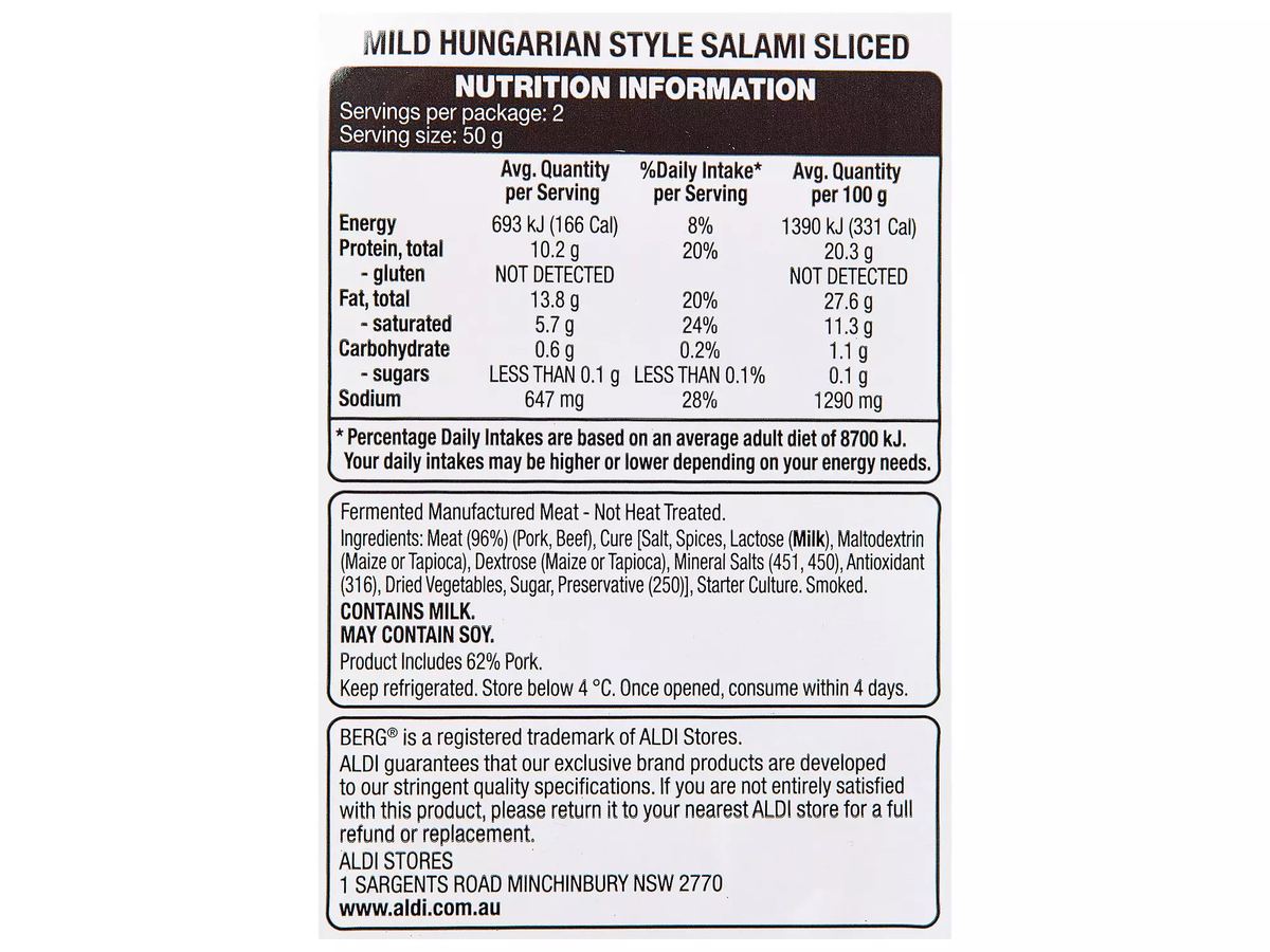 Pack photograph of BERG Mild Hungarian Sliced Salami 100g showing the printed nutrition panel