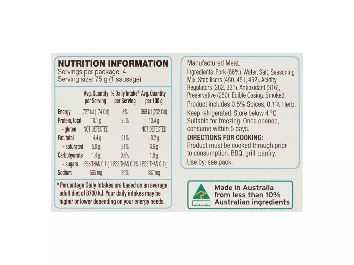 Pack photograph of BERG Plain Kransky 300g showing the printed nutrition panel