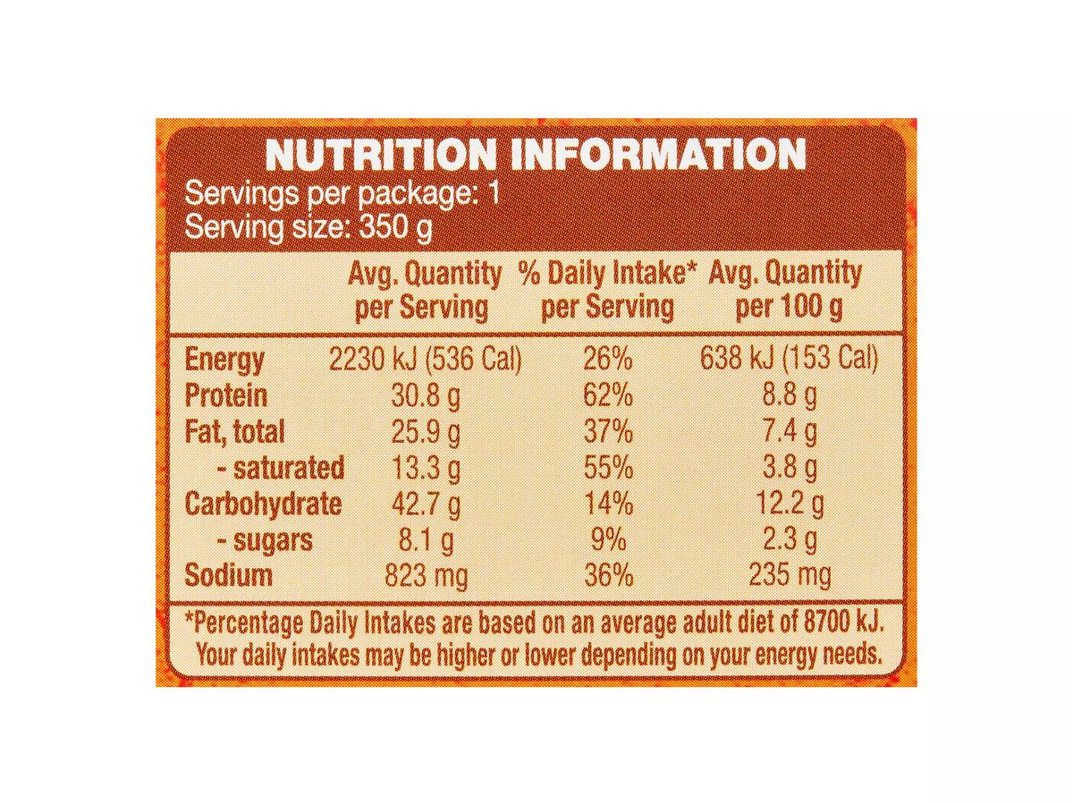 Pack photograph of WORLD KITCHEN Butter Chicken 350g showing the printed nutrition panel