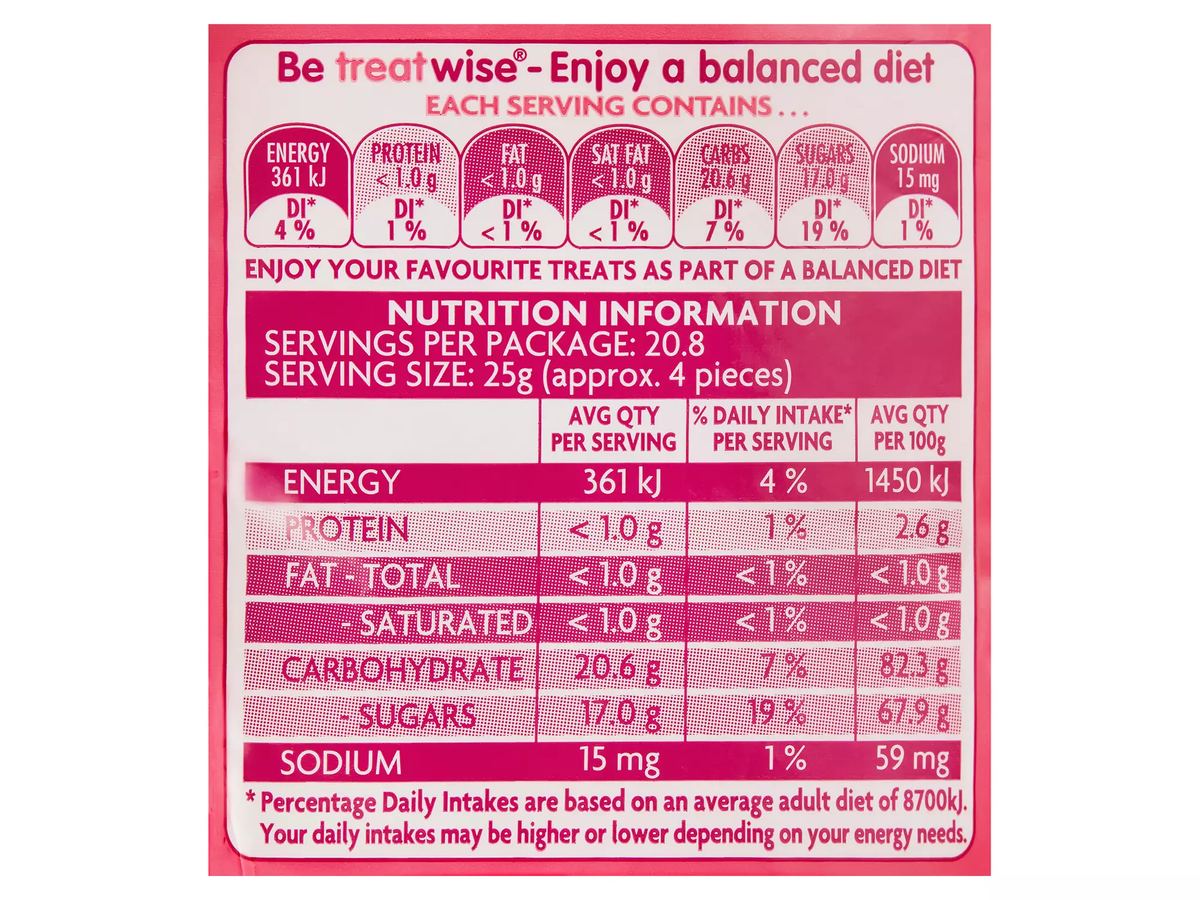 Pack photograph of PASCALL Marshmallows Pink & White 520g showing the printed nutrition panel