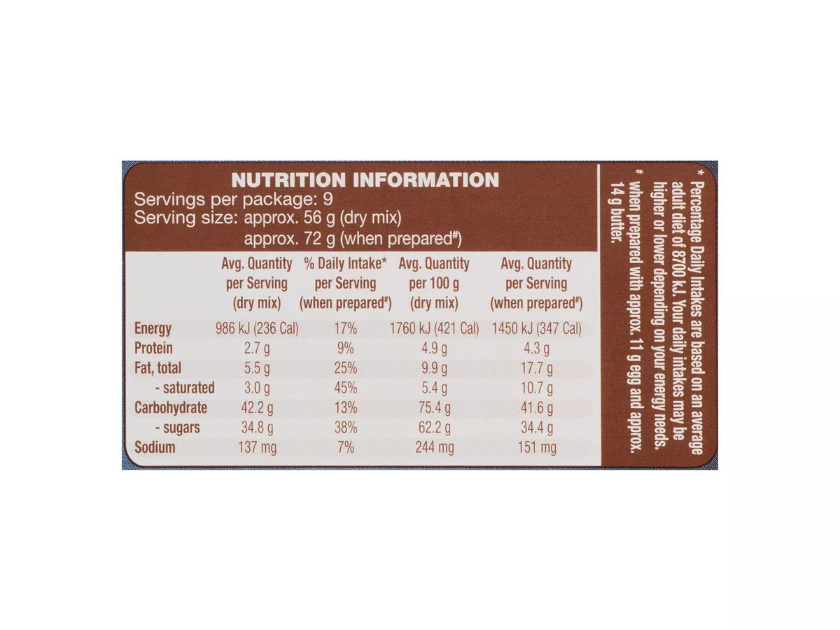 Pack photograph of WHITE MILL Triple Choc Fudge Brownie Mix 500g showing the printed nutrition panel