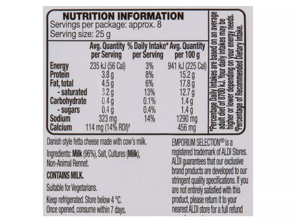 Pack photograph of EMPORIUM SELECTION Danish Style Fetta 200g showing the printed nutrition panel
