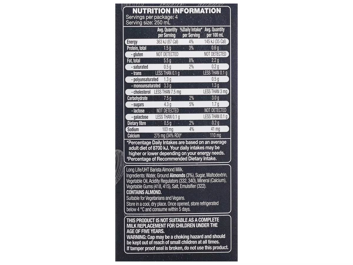 Pack photograph of INNER GOODNESS Barista Almond Milk 1L showing the printed nutrition panel