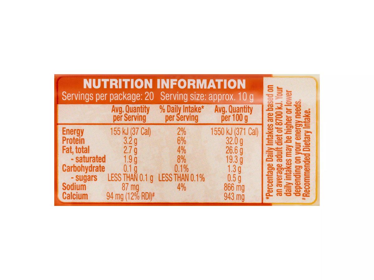 Pack photograph of WESTACRE DAIRY Parmesan Cheese Block 200g showing the printed nutrition panel