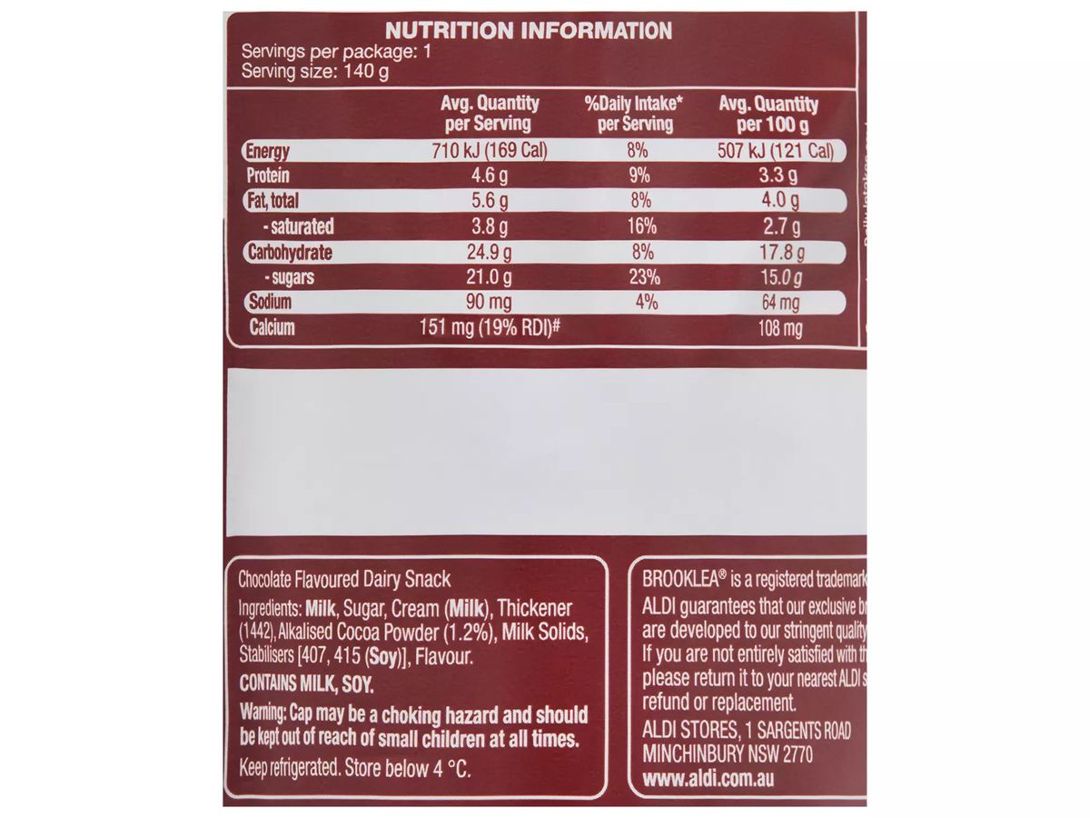Pack photograph of BROOKLEA Stampede Chocolate Dairy Dessert 140g showing the printed nutrition panel