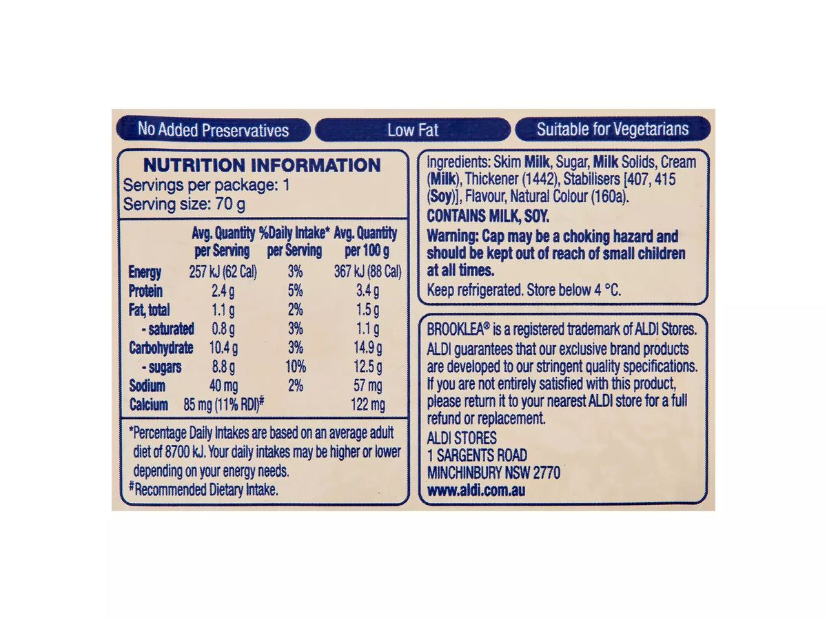 Pack photograph of BROOKLEA Vanilla Custard Pouch 70g showing the printed nutrition panel