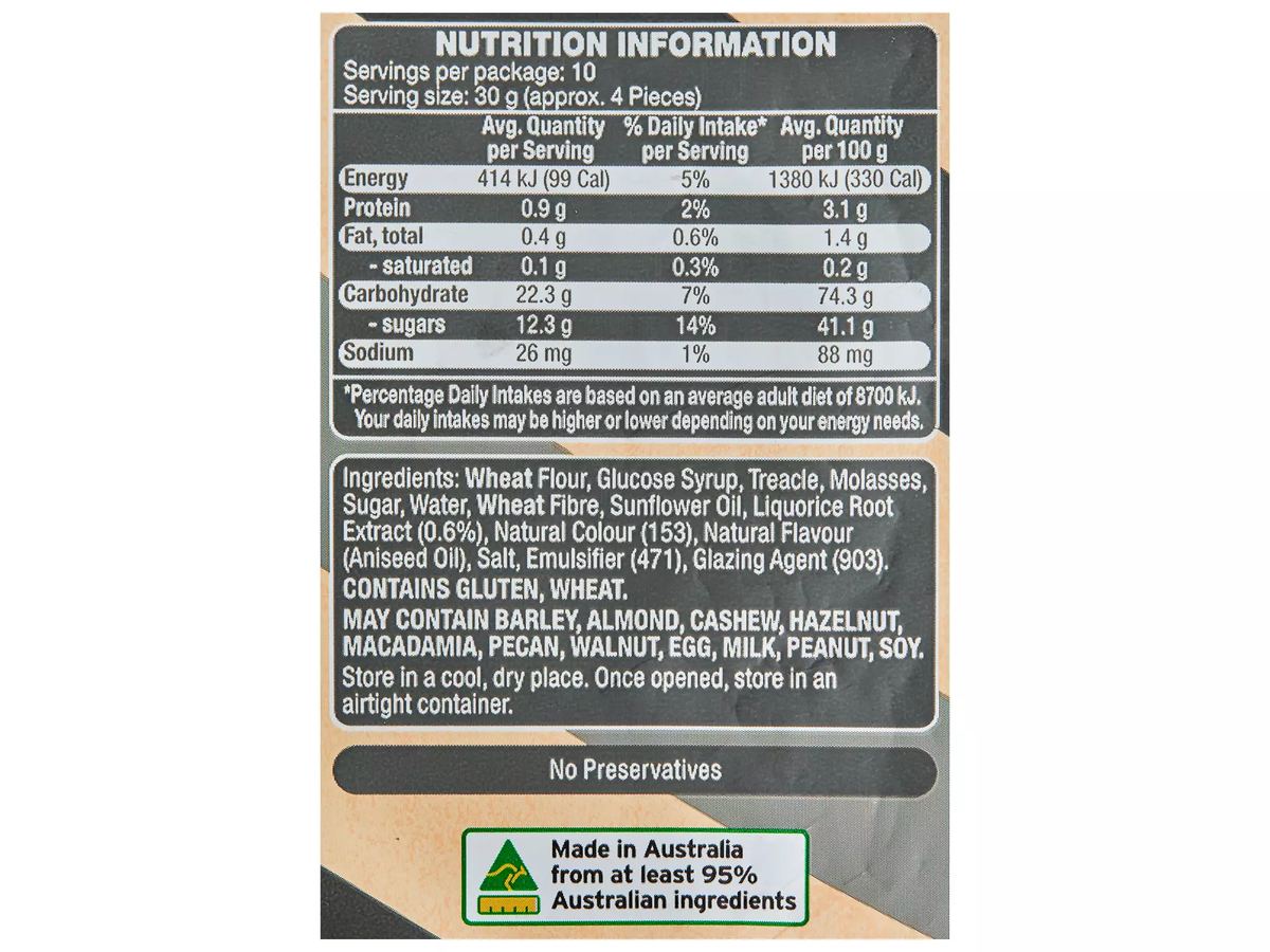 Pack photograph of DOMINION NATURALS Liquorice Twists 300g showing the printed nutrition panel