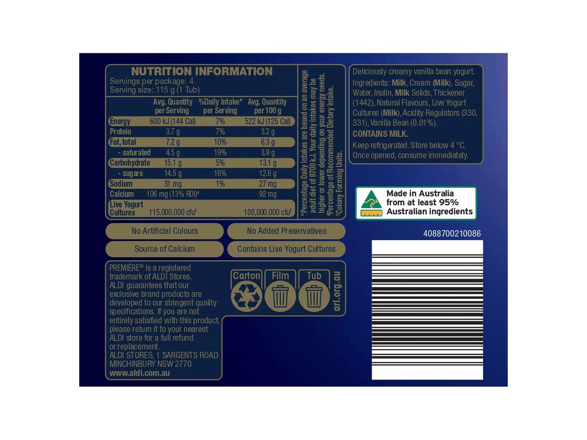 Pack photograph of PREMIERE Vanilla Greek Style Yogurt 4 Pack 115g showing the printed nutrition panel