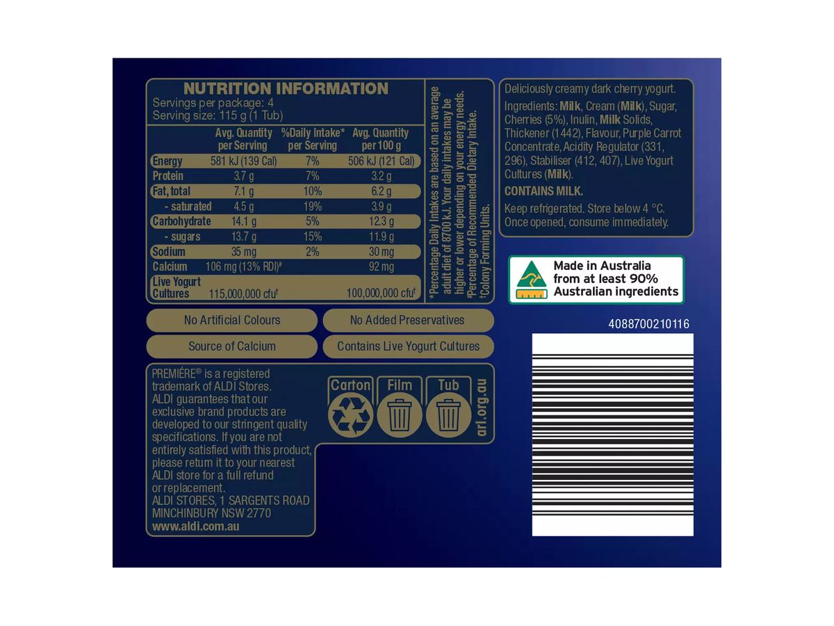 Pack photograph of PREMIERE Dark Cherry Greek Style Yogurt 4 Pack 115g showing the printed nutrition panel