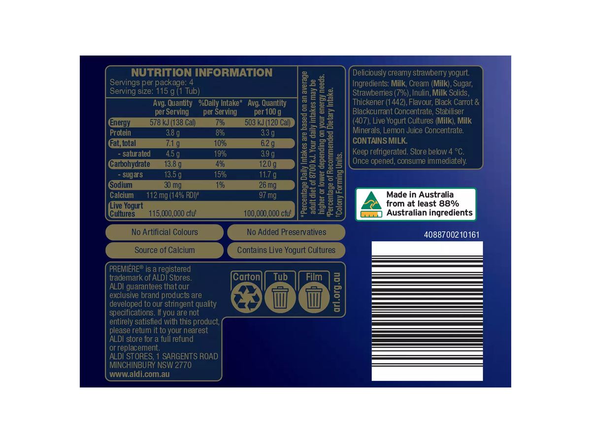 Pack photograph of PREMIERE Strawberry Greek Style Yogurt 4 Pack 115g showing the printed nutrition panel