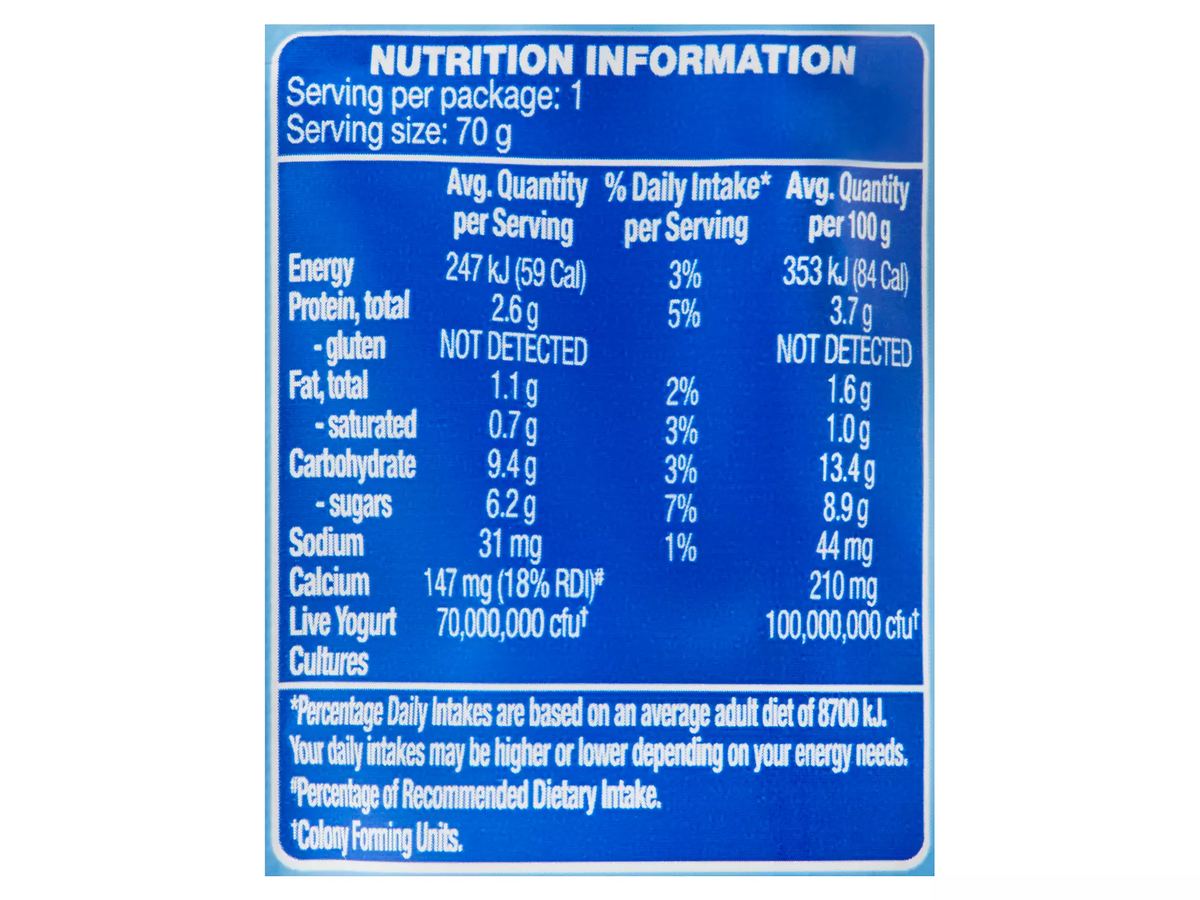 Pack photograph of BROOKLEA Kids Blueberry Yogurt Pouch 70g showing the printed nutrition panel