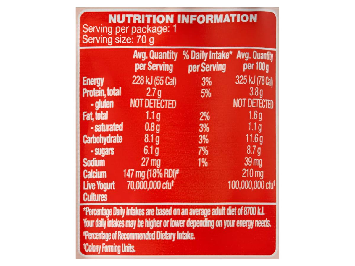 Pack photograph of BROOKLEA Kids Strawberry Yogurt Pouch 70g showing the printed nutrition panel