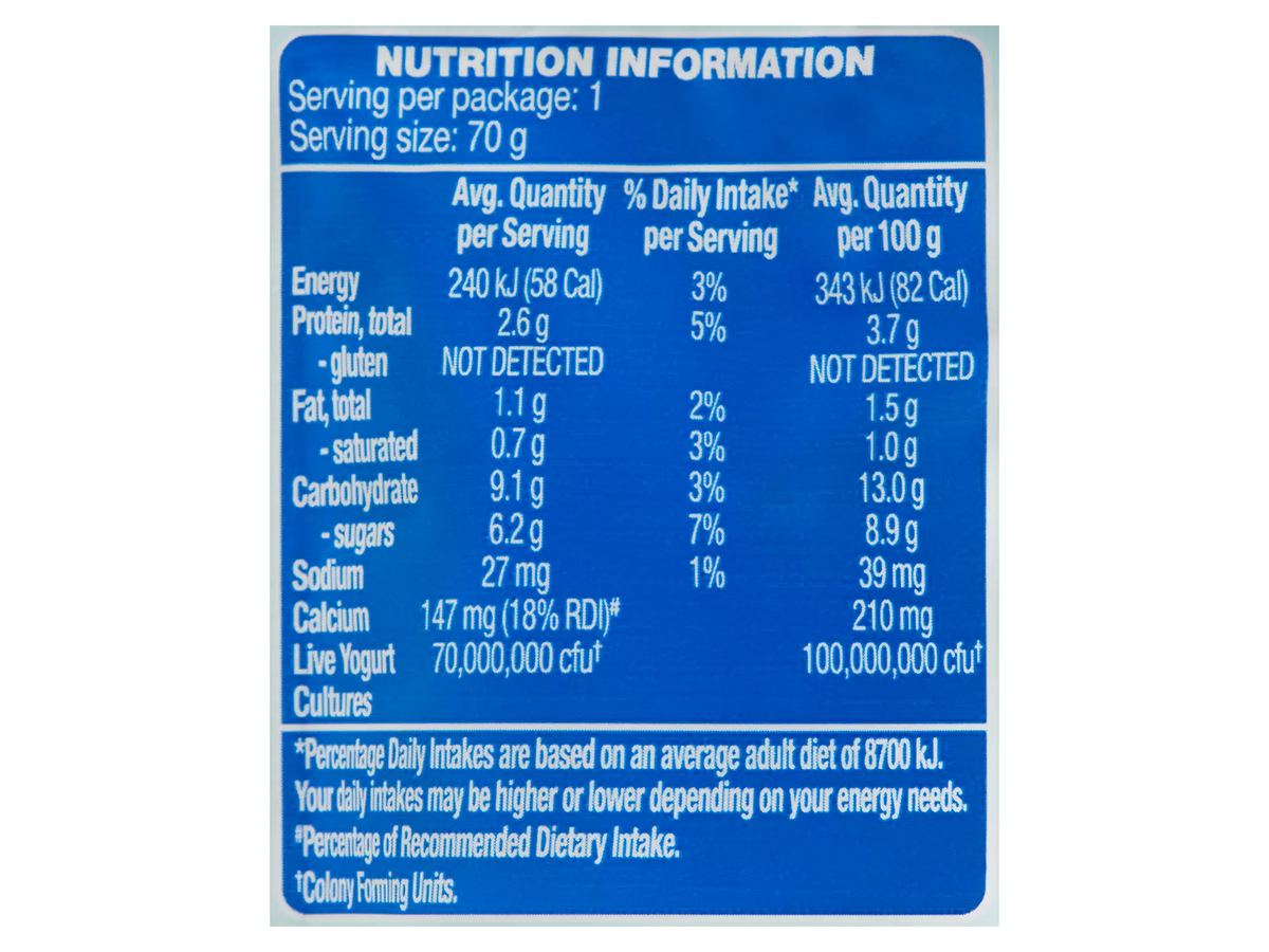 Pack photograph of BROOKLEA Kids Vanilla Yogurt Pouch 70g showing the printed nutrition panel