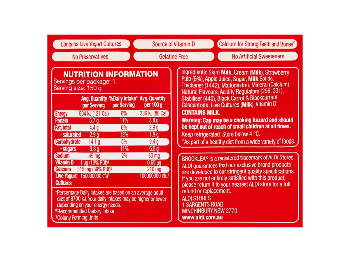 Pack photograph of BROOKLEA Strawberry Yogurt Squishy Pouch 150g showing the printed nutrition panel