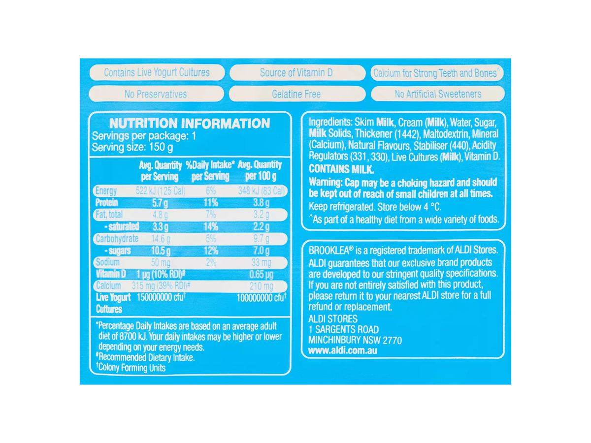 Pack photograph of BROOKLEA Vanilla Yogurt Squishy Pouch 150g showing the printed nutrition panel
