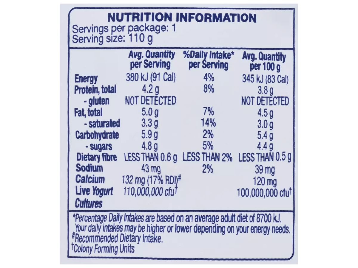 Pack photograph of BROOKLEA No Added Sugar Blueberry Yogurt  Pouch 110g showing the printed nutrition panel