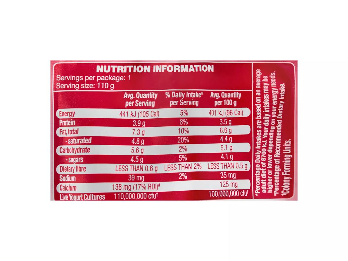 Pack photograph of BROOKLEA No Added Sugar Raspberry Yogurt Pouch 110g showing the printed nutrition panel