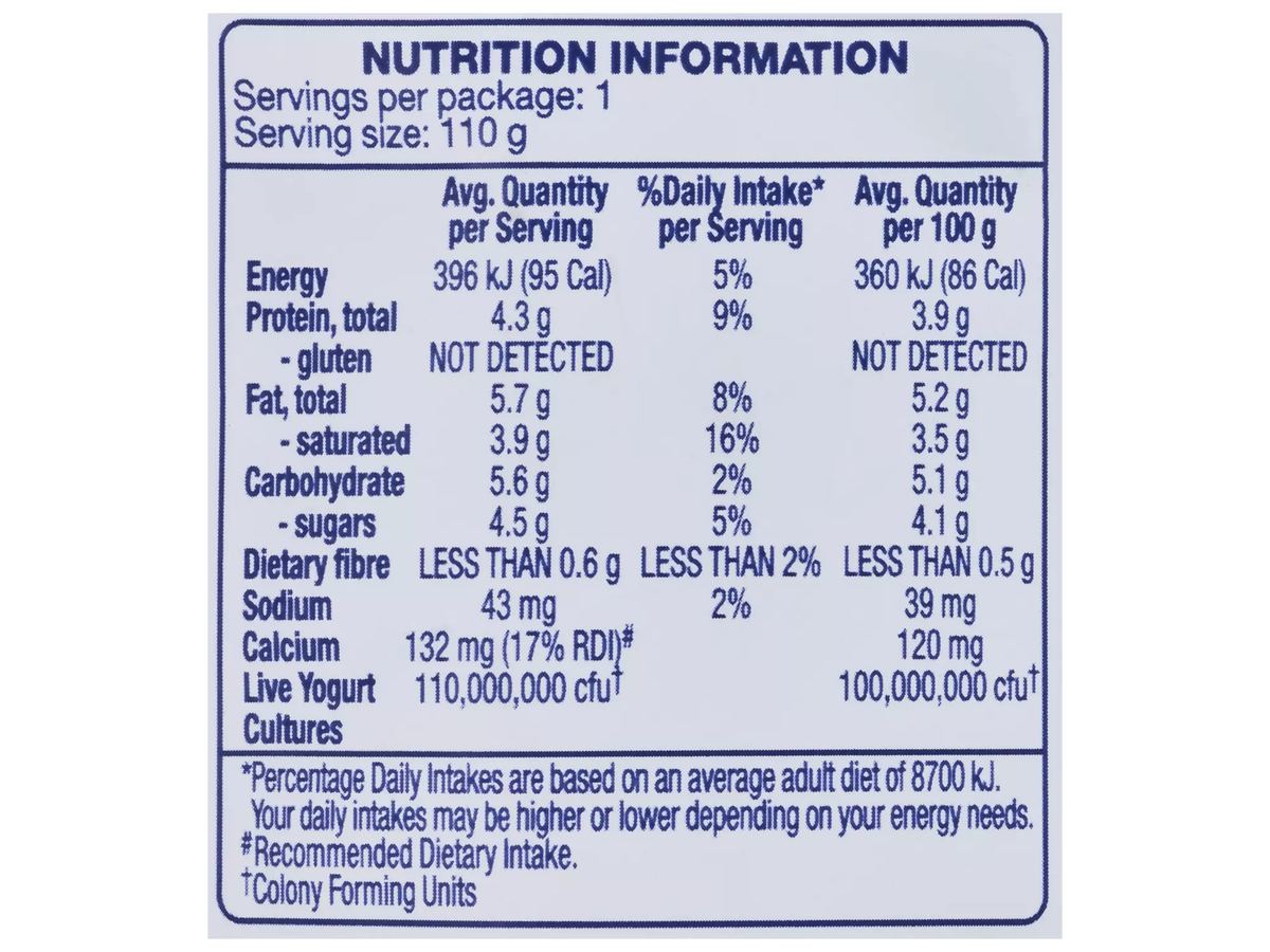 Pack photograph of BROOKLEA No Added Sugar Strawberry Yogurt Pouch 110g showing the printed nutrition panel