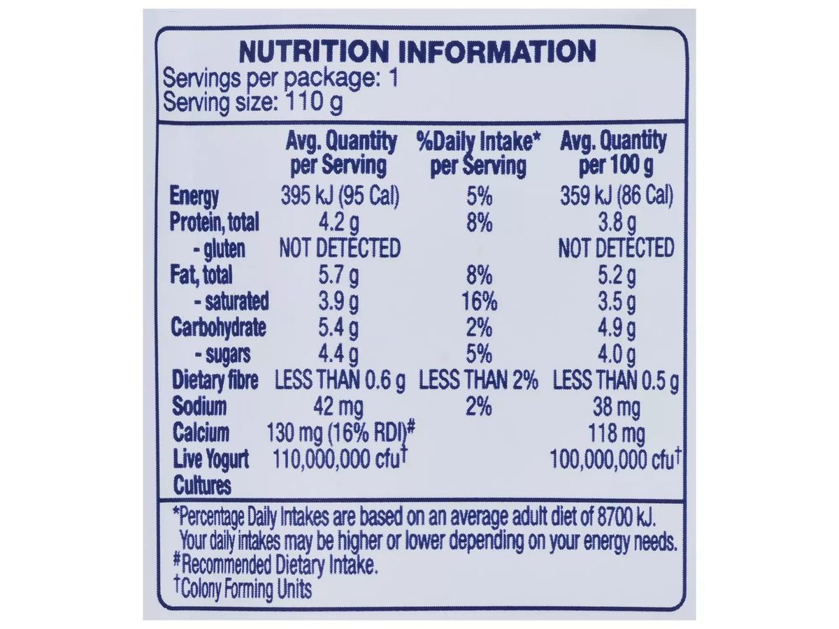 Pack photograph of BROOKLEA No Added Sugar Vanilla Yogurt Pouch 110g showing the printed nutrition panel