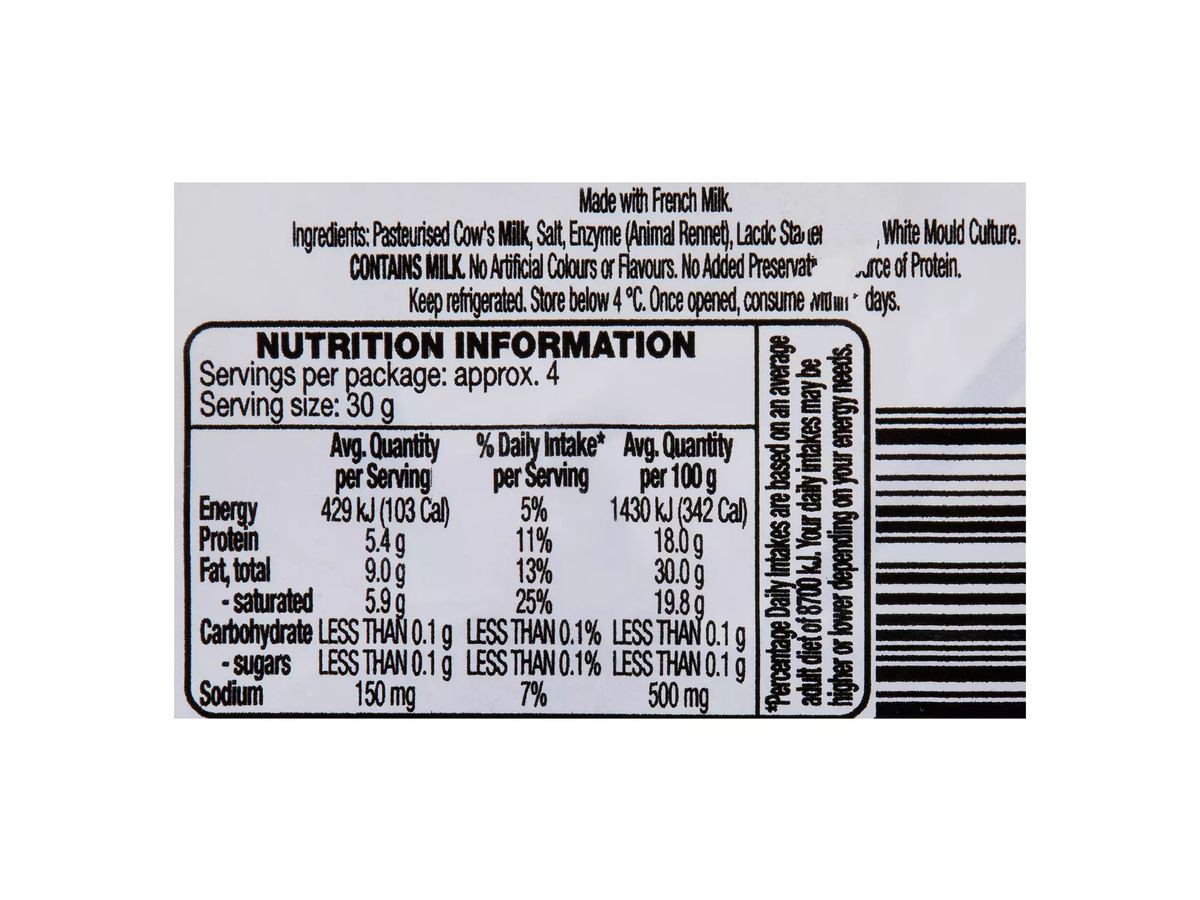 Pack photograph of EMPORIUM SELECTION French Brie 125g showing the printed nutrition panel