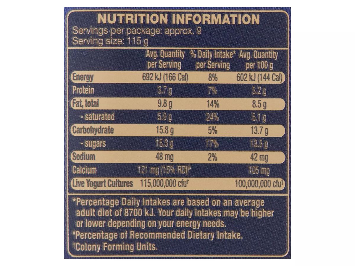 Pack photograph of PREMIERE Blissful Berry Yogurt 990g showing the printed nutrition panel