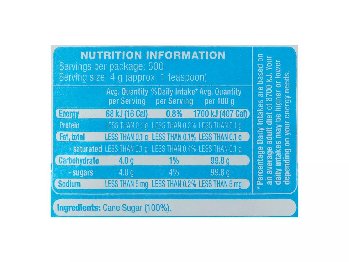 Pack photograph of White Sugar 2kg showing the printed nutrition panel