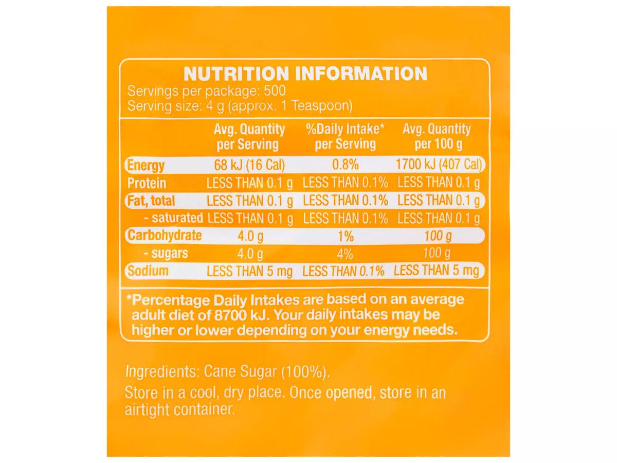Pack photograph of WHITE MILL Raw Sugar 2kg showing the printed nutrition panel