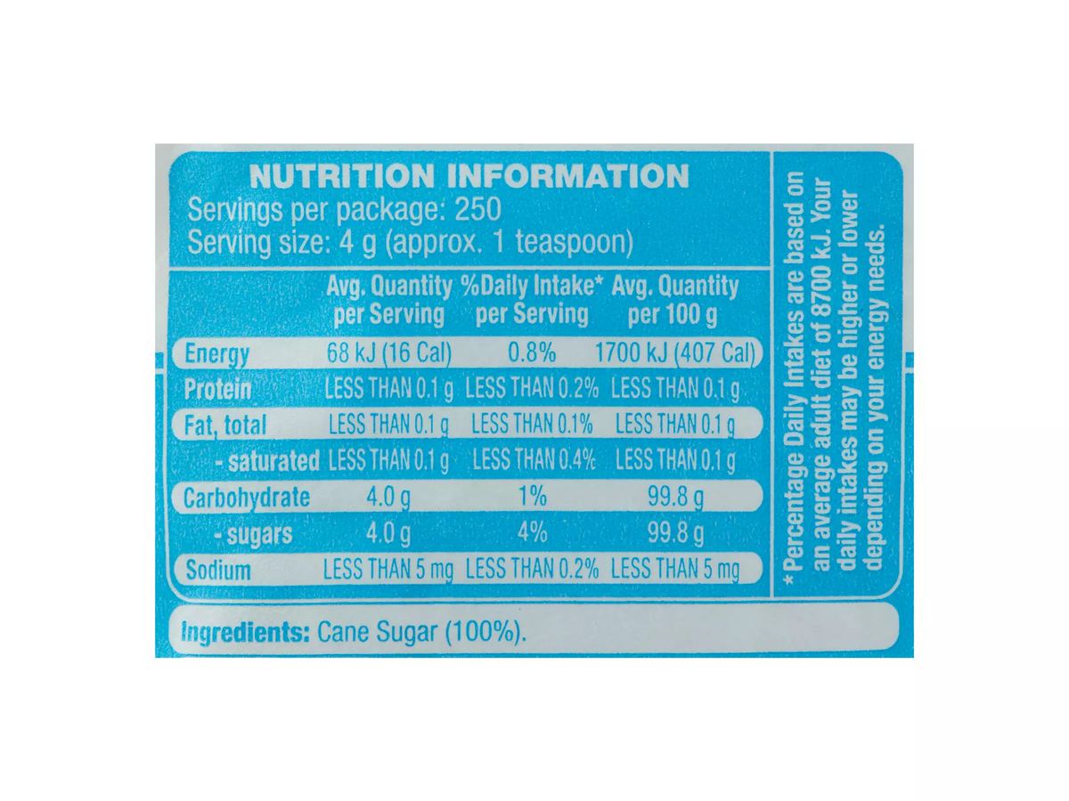 Pack photograph of WHITE MILL Caster Sugar 1kg showing the printed nutrition panel