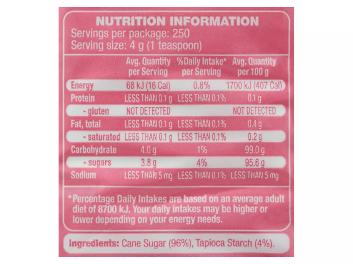 Pack photograph of WHITE MILL Icing Mixture 1kg showing the printed nutrition panel