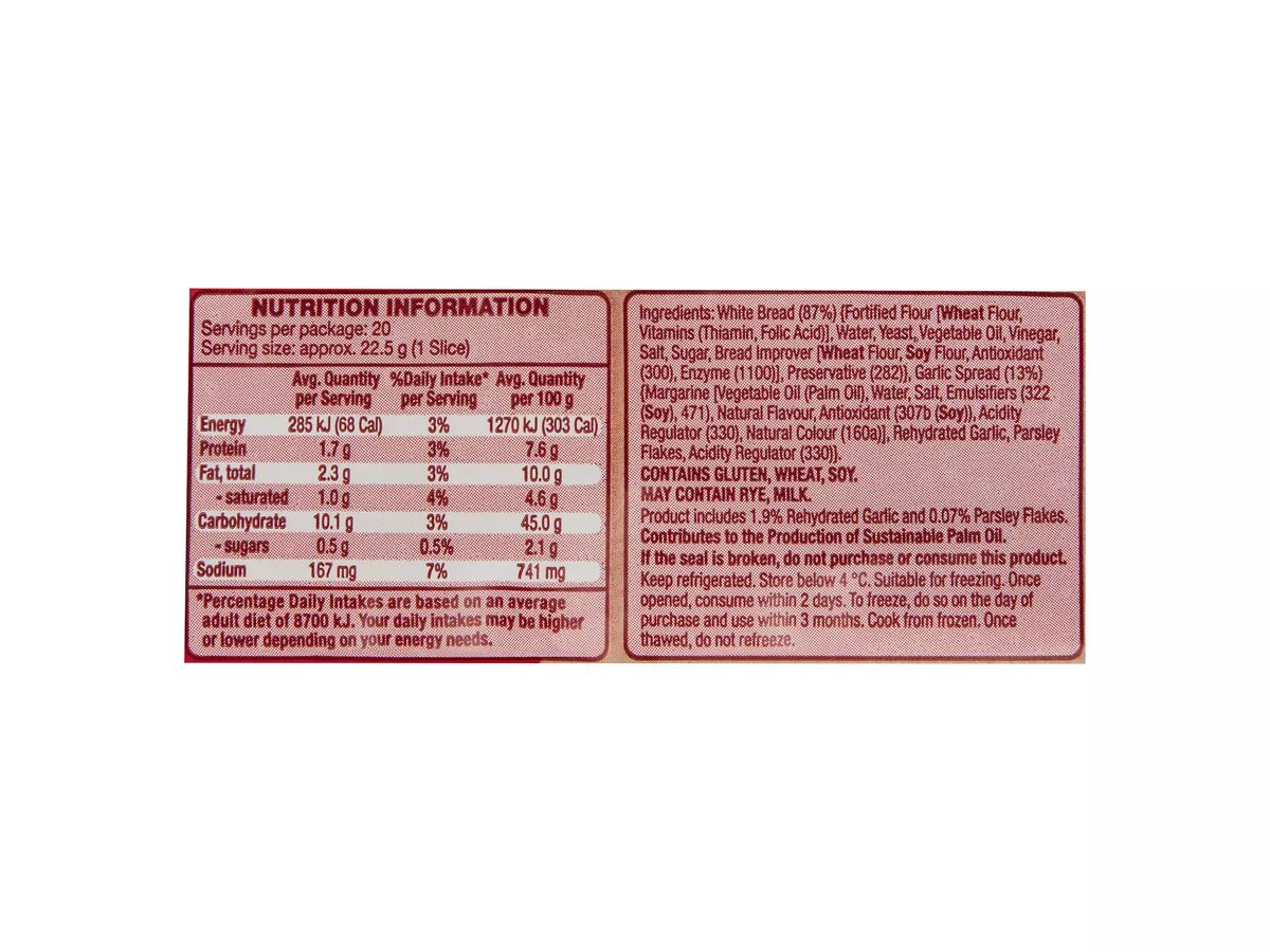 Pack photograph of WORLD KITCHEN Garlic Bread 2 Pack 450g showing the printed nutrition panel