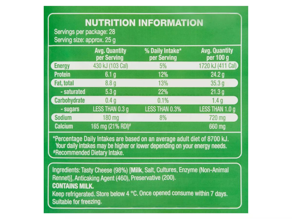 Pack photograph of WESTACRE DAIRY Tasty Shredded Cheese 700g showing the printed nutrition panel