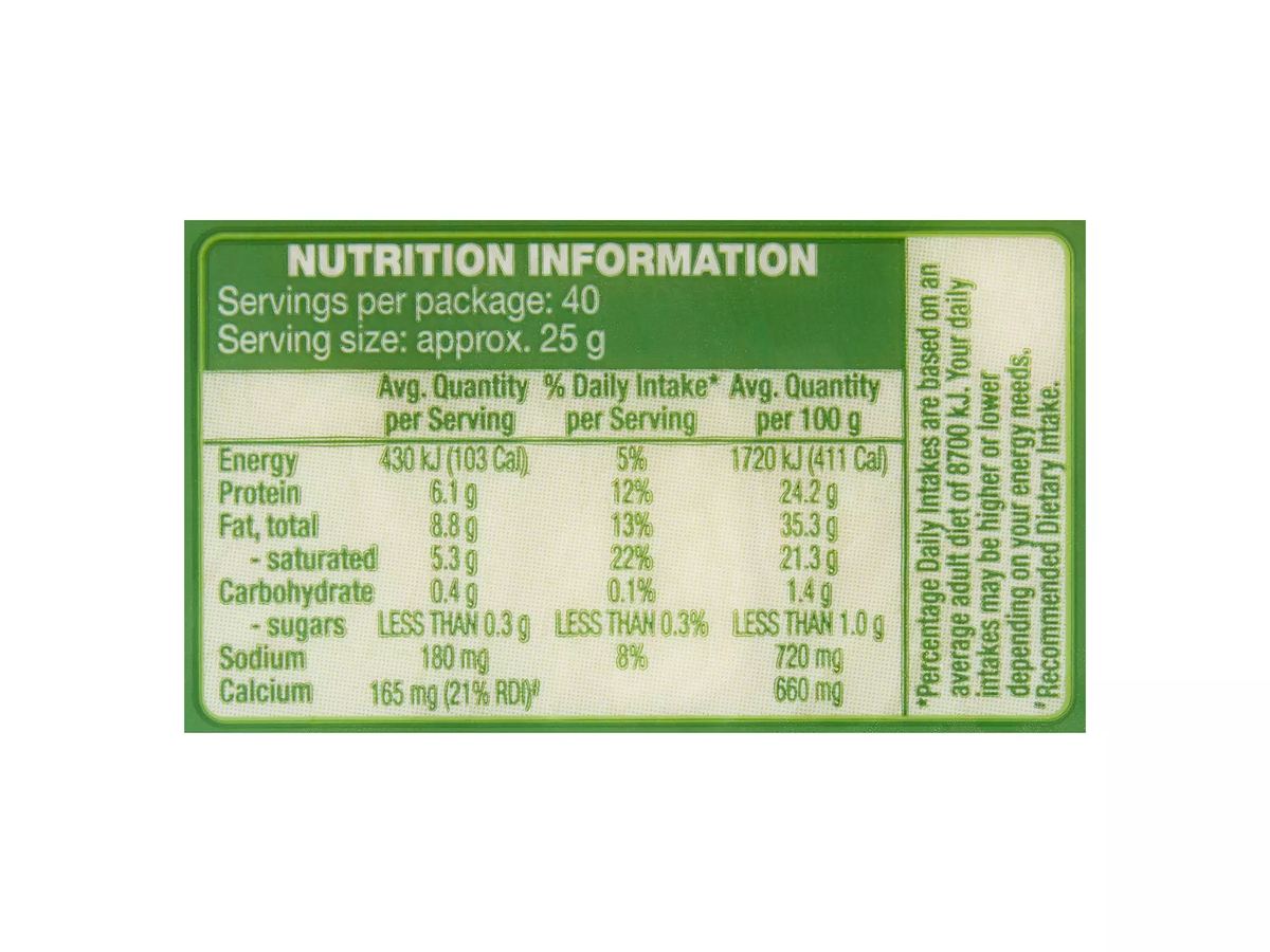Pack photograph of WESTACRE DAIRY Tasty Cheese Block 1kg showing the printed nutrition panel