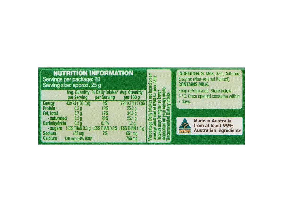 Pack photograph of WESTACRE DAIRY Tasty Cheese Block 500g showing the printed nutrition panel