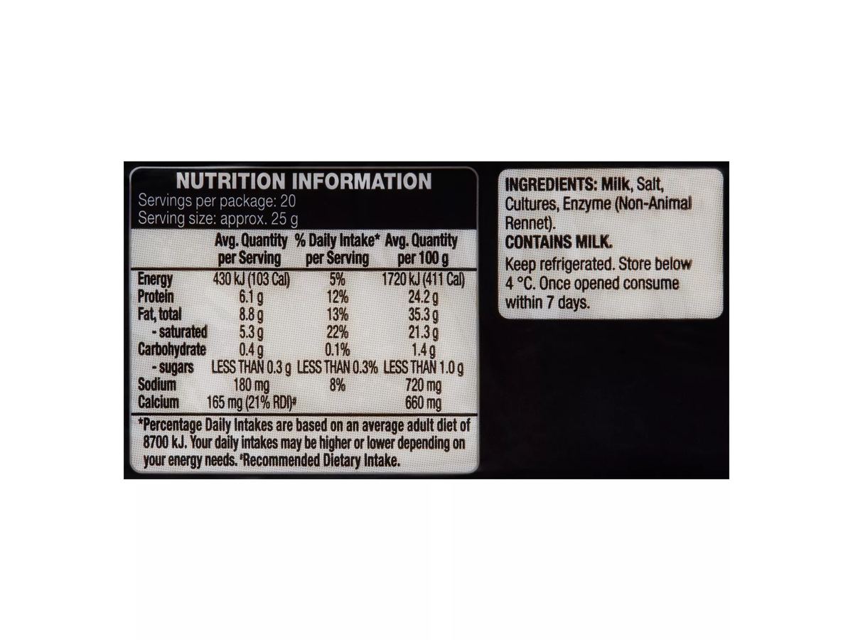 Pack photograph of WESTACRE DAIRY Vintage Cheese Block 500g showing the printed nutrition panel