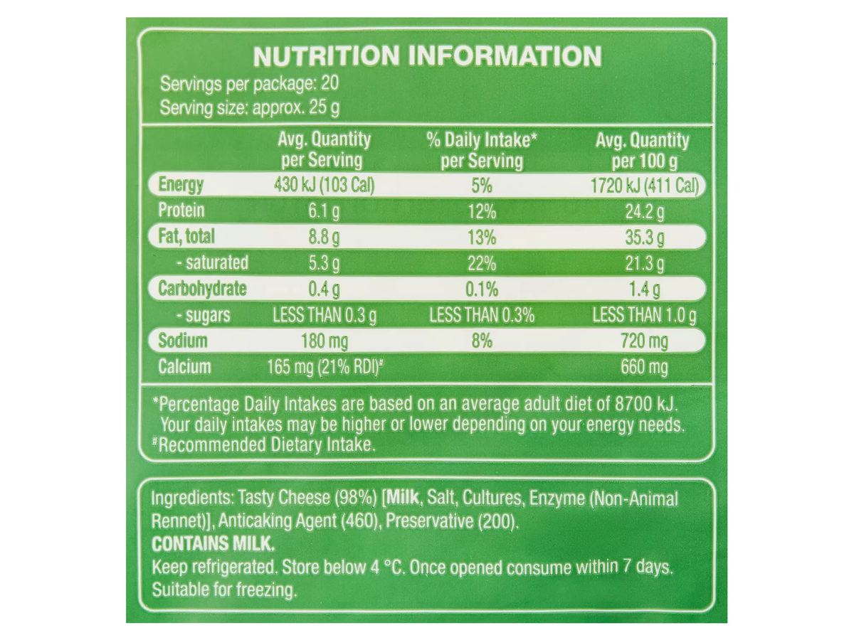Pack photograph of WESTACRE DAIRY Shredded Tasty Cheese 500g showing the printed nutrition panel