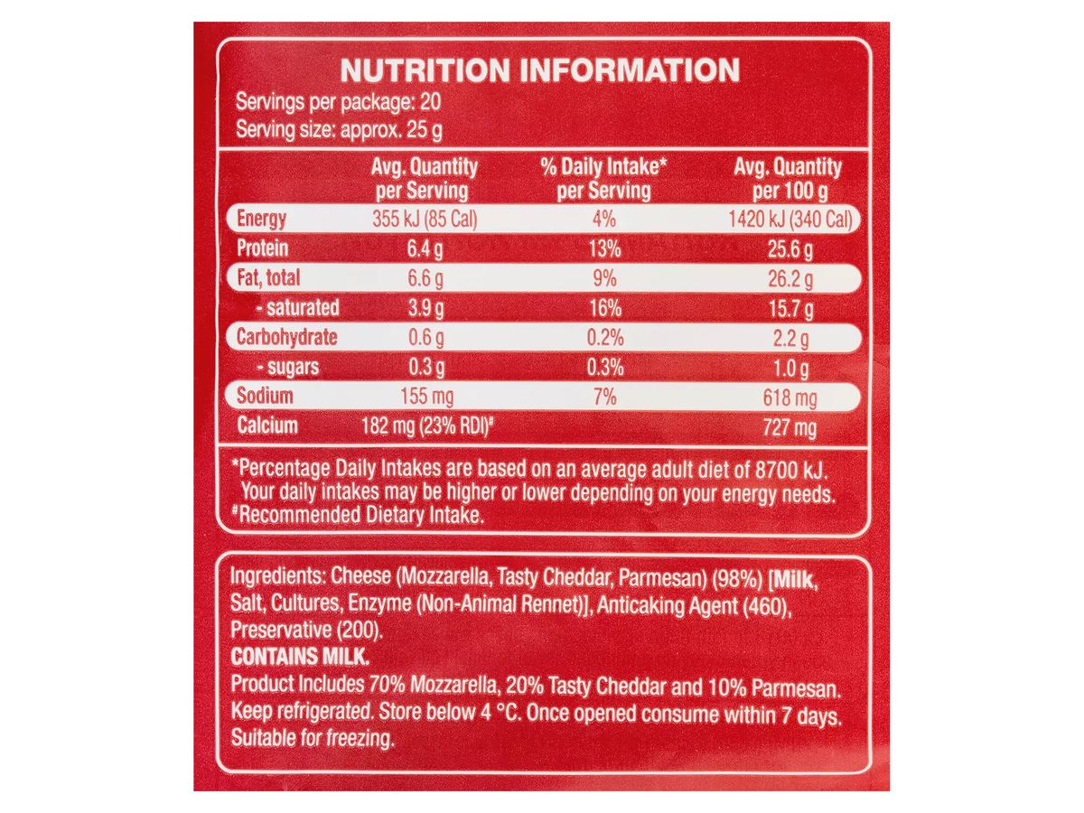 Pack photograph of WESTACRE DAIRY Pizza Shredded Cheese 500g showing the printed nutrition panel