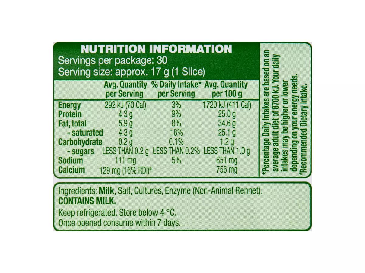Pack photograph of WESTACRE DAIRY Tasty Cheese Slices 500g showing the printed nutrition panel