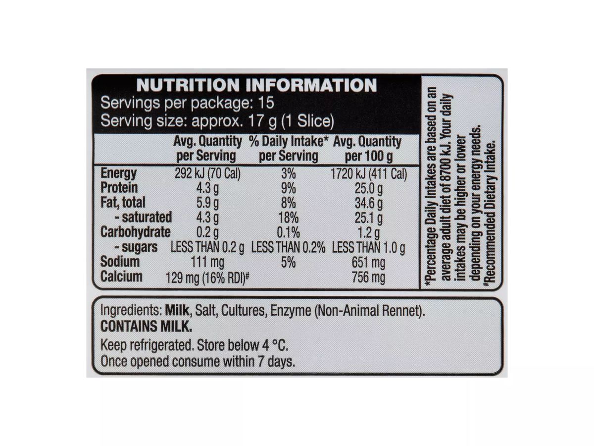 Pack photograph of WESTACRE DAIRY Vintage Cheese Slices 250g showing the printed nutrition panel