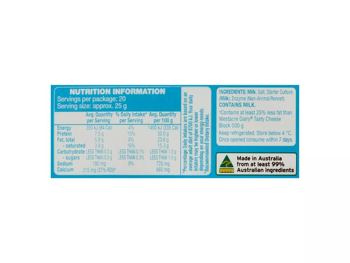 Pack photograph of WESTACRE DAIRY Light Tasty Cheese Block 500g showing the printed nutrition panel