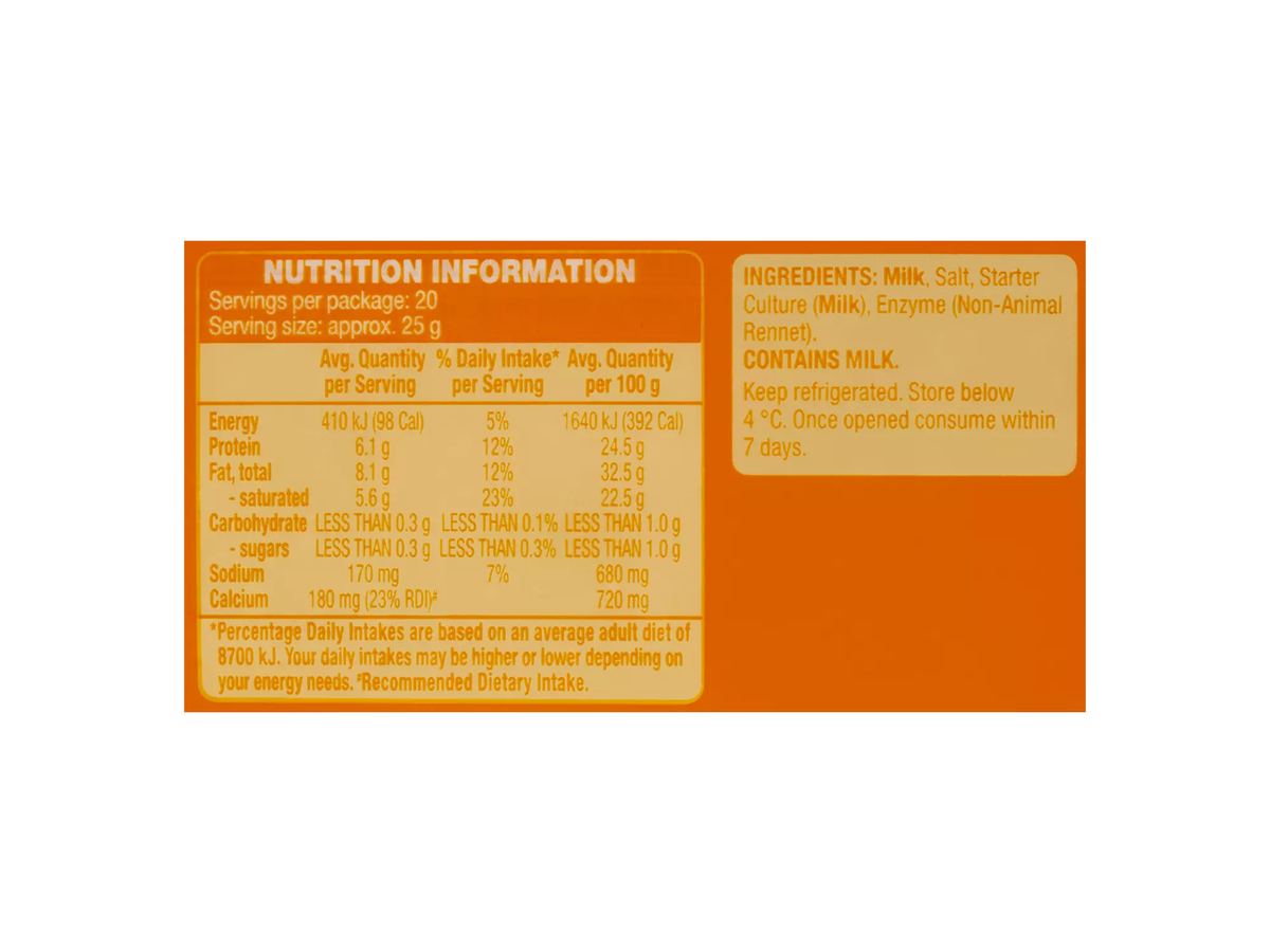 Pack photograph of WESTACRE DAIRY Colby Cheese Block 500g showing the printed nutrition panel