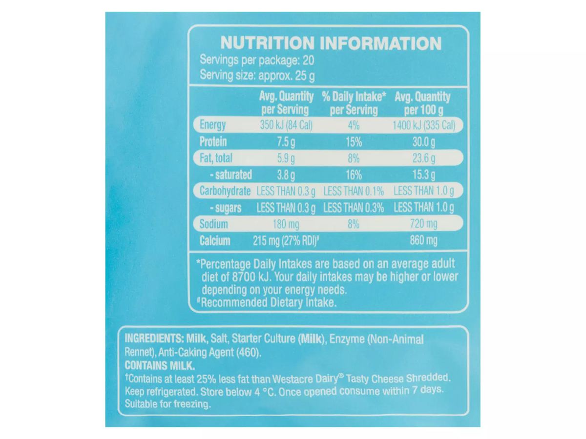 Pack photograph of WESTACRE DAIRY Light Tasty Shredded Cheese 500g showing the printed nutrition panel