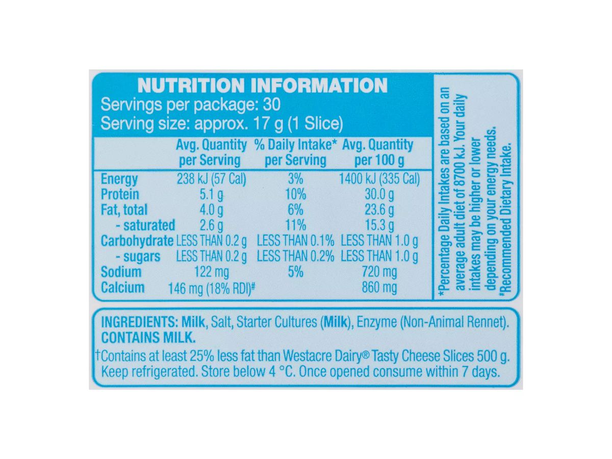 Pack photograph of WESTACRE DAIRY Light Tasty Cheese Slices 500g showing the printed nutrition panel