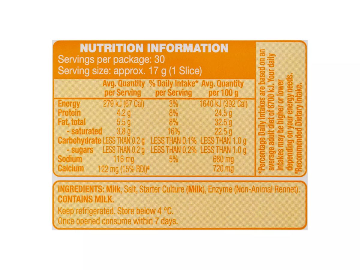 Pack photograph of WESTACRE DAIRY Colby Cheese Slices 500g showing the printed nutrition panel