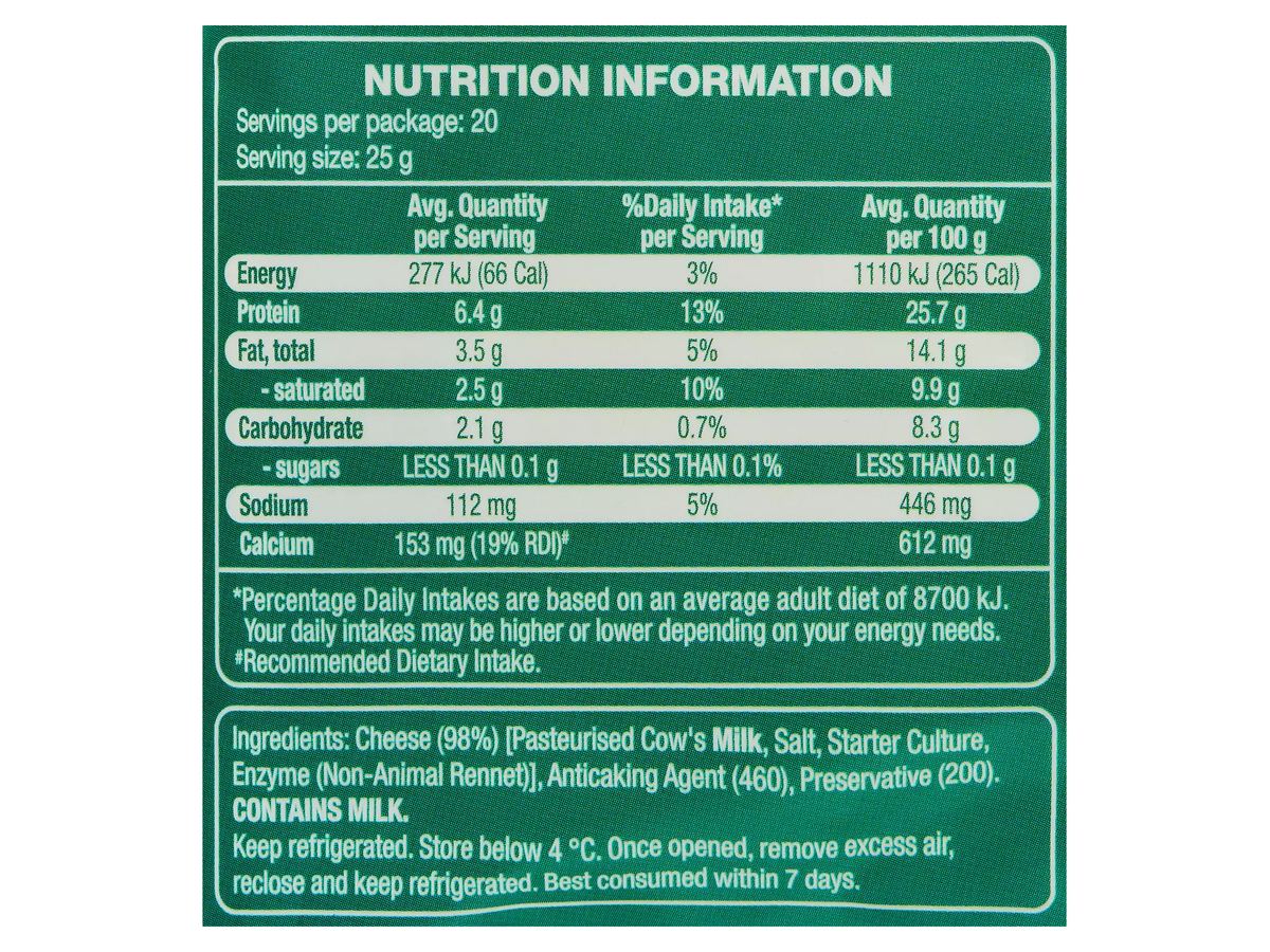 Pack photograph of WESTACRE DAIRY Mozzarella Shredded Cheese 500g showing the printed nutrition panel