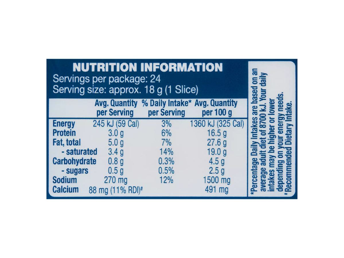 Pack photograph of WESTACRE DAIRY Original Sandwich Slices 432g showing the printed nutrition panel